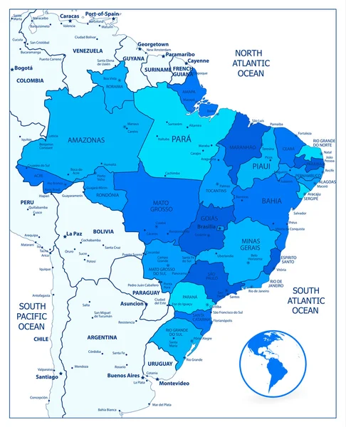 Divisiones administrativas mapa azul de Brasil — Vector de stock