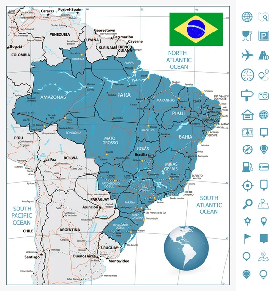 ブラジルの河川とナビゲーションの非常に詳細な道路地図 ic — ストックベクタ