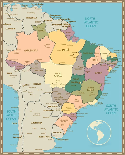 Brezilya eski vintage renk Haritası — Stok Vektör