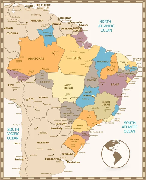 Старий ретро колір мапу Бразилії — стоковий вектор