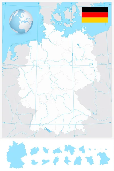 Carte en blanc très détaillée de l'Allemagne avec rivières — Image vectorielle