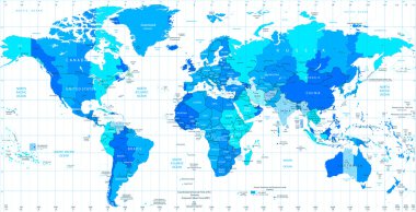Detaylı dünya harita standart saat dilimlerinde renkler mavi