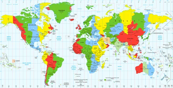 Mapa del mundo detallado zonas horarias estándar — Archivo Imágenes Vectoriales