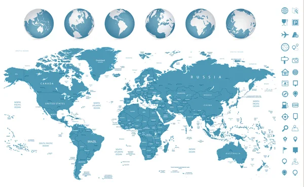 Mapa del mundo altamente detallado e iconos de navegación con globos — Archivo Imágenes Vectoriales