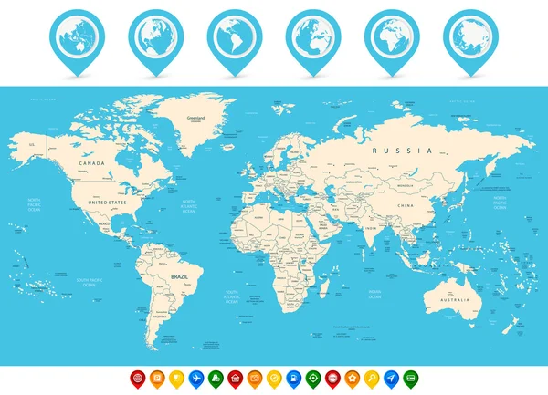 Mapa del mundo y punteros de mapa de colores — Vector de stock