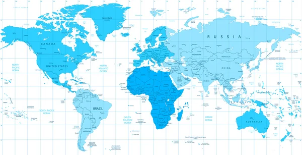 Mapa del mundo detallado colores azules aislados en blanco — Vector de stock