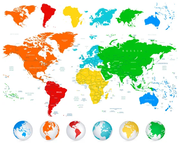 Detail vektor peta Dunia dengan benua berwarna-warni - Stok Vektor