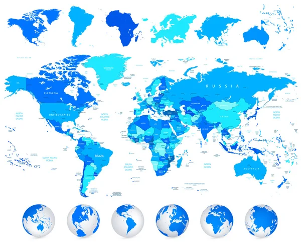 Detailed vector World map of blue colors and continents — Stock Vector