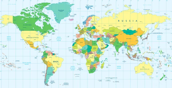 Detaillierte politische Weltkarte — Stockvektor