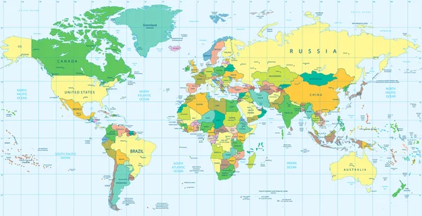 Mappa politica dettagliata del mondo — Vettoriale Stock