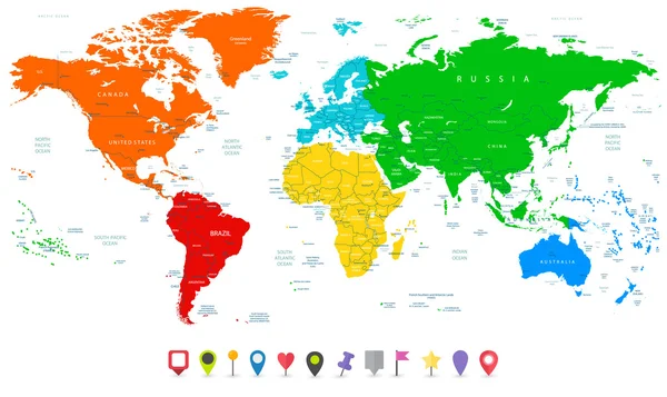 Λεπτομερείς διάνυσμα παγκόσμιο χάρτη με πολύχρωμα ηπείρους και επίπεδη χάρτη — Διανυσματικό Αρχείο