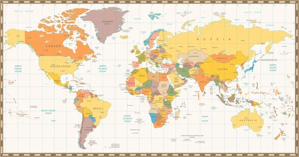 古いレトロな色世界の政治地図 — ストックベクタ