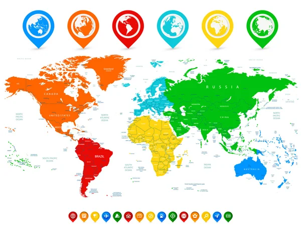 Mappa dettagliata del mondo vettoriale con continenti colorati e m colorati — Vettoriale Stock