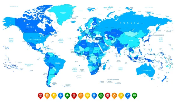 Vetor detalhado Mapa do mundo de cores azuis e colorido mapa pointe — Vetor de Stock