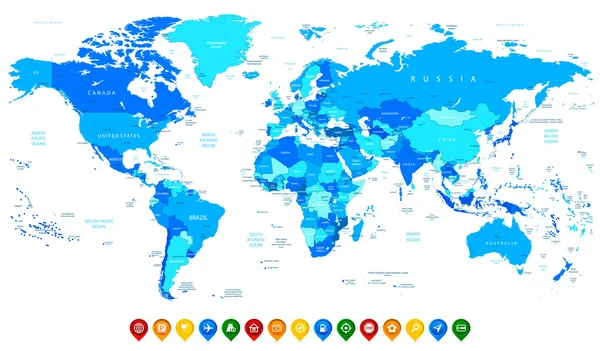 Detaillierte Vektorweltkarte blauer Farben und farbenfroher Kartenzeiger — Stockvektor