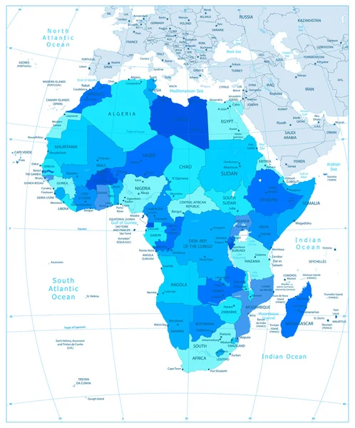 Afrika mavi renkleri son derece detaylı siyasi Haritası — Stok Vektör