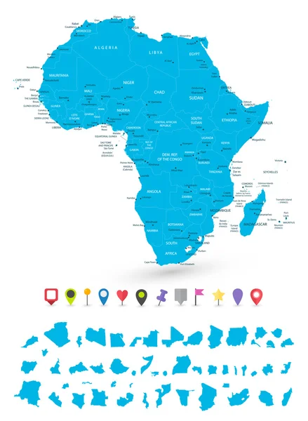 Mapa de África con sus estados y planos mapa punteros — Vector de stock