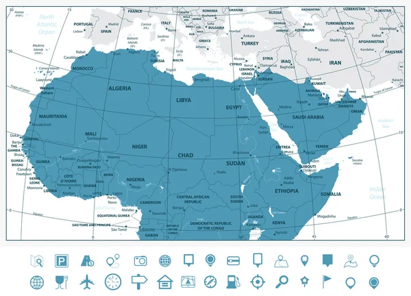Podrobná mapa severní Afriky a Středního východu a okna přejděte — Stockový vektor
