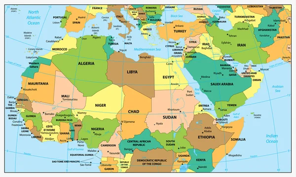 Carte politique très détaillée de l'Afrique du Nord et du Moyen-Orient — Image vectorielle
