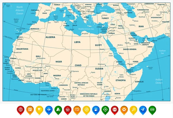 Velmi podrobná mapa severní Afriky a Středního východu a c — Stockový vektor