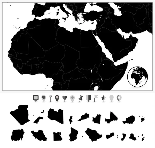 Podrobná mapa severní Afriky a Středního východu a ploché nav — Stockový vektor