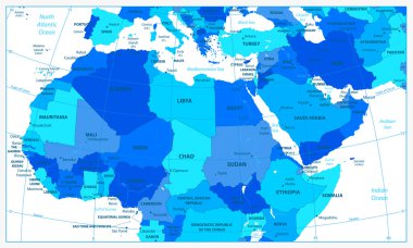 Kuzey Afrika ve Orta Doğu'da mavi colo Detaylı Haritası