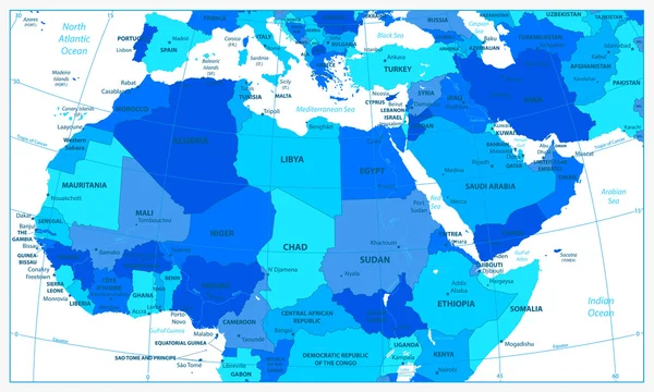 Podrobná mapa severní Afriky a Středního východu v modré zbar — Stockový vektor