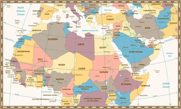 Retro barevná mapa severní Afriky a Středního východu — Stockový vektor