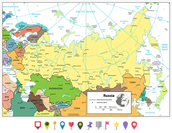 Szczegółowa mapa polityczna Federacji Rosyjskiej i płaskiej mapie wskaźniki — Wektor stockowy