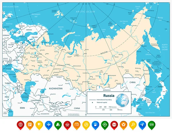 Federazione Russa mappa dettagliata e puntatori mappa colorata — Vettoriale Stock