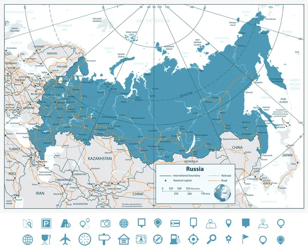 Hoge gedetailleerde routekaart van Rusland met navigatie pictogrammen — Stockvector