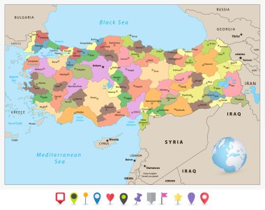 Türkiye detaylı idari Haritası ve düz Icon set
