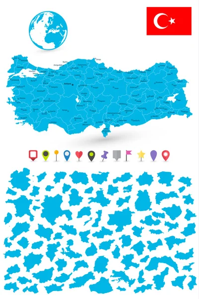 Χάρτης Τουρκίας με το είναι μέλη και επίπεδη χάρτη δείκτες — Διανυσματικό Αρχείο