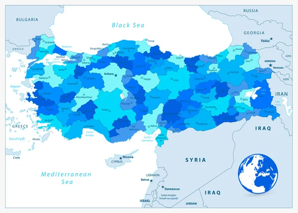 Административная карта Турции в синем цвете — стоковый вектор