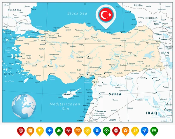 Mapa vectorial detallado de Turquía y punteros de mapa coloridos — Vector de stock