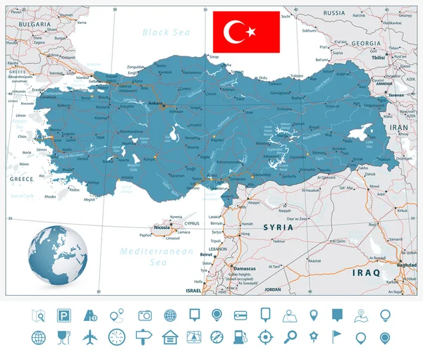 Detailed road vector map of Turkey and navigation icons — Stock Vector