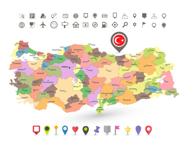 Turquie carte avec drapeau et icônes de navigation — Image vectorielle