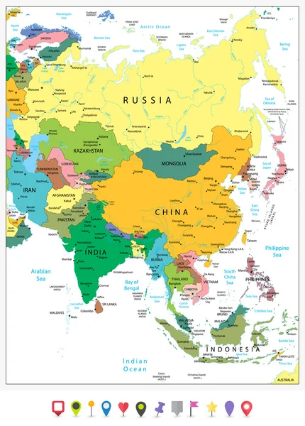 Asien detaljerade mycket politiska karta och platt ikoner — Stock vektor