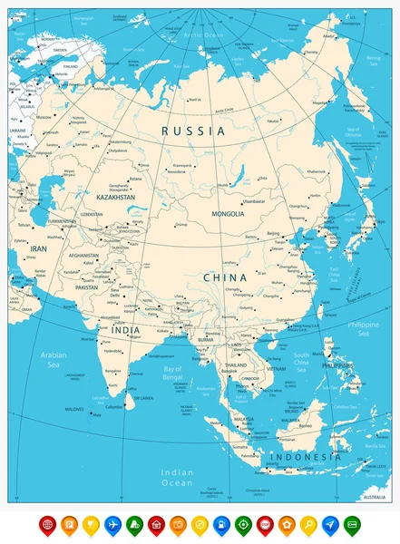 アジア非常に詳細な地図表示と色分け地図ポインター — ストックベクタ