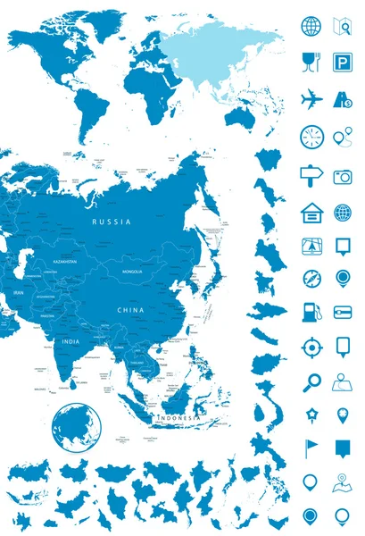 Mapa detallado de Asia y Mundo conjunto de navegación de mapas — Archivo Imágenes Vectoriales