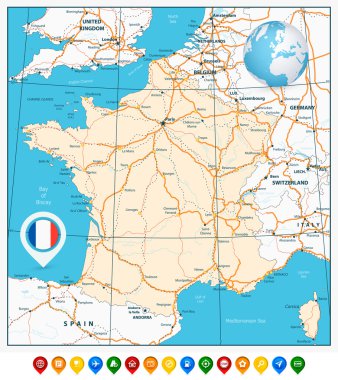 Fransa ve renkli harita işaretçiler detaylı ulaşım vektör