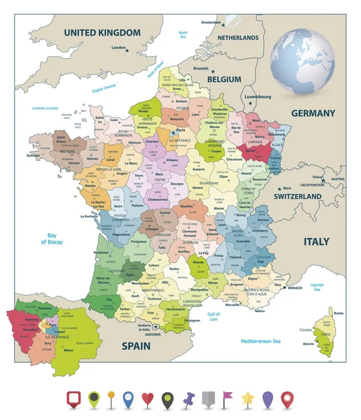 Карта административных делений Франции и плоские навигационные иконки — стоковый вектор