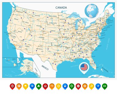 Highly detailed road map of United States and colorful map point