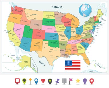 ABD ve düz harita işaretçiler detaylı siyasi Haritası