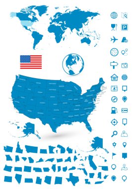 Detailed map of USA and World map navigation set