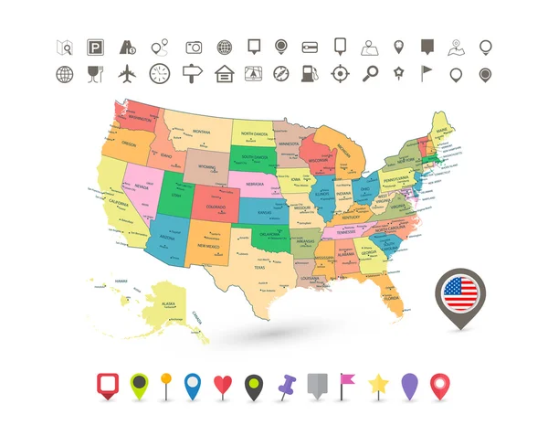 Mapa de EE.UU. con iconos de bandera y navegación — Vector de stock