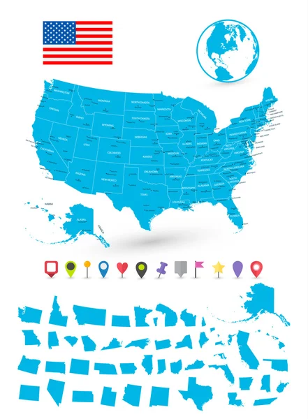 Mapa Usa je to státy a plochá mapa ukazatele — Stockový vektor