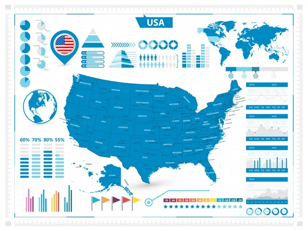 Carta geografica degli Stati Uniti ed elementi infograpchic — Vettoriale Stock