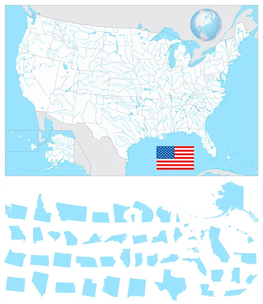 Mapa en blanco de Estados Unidos con sus lagos, ríos y estados separados — Vector de stock