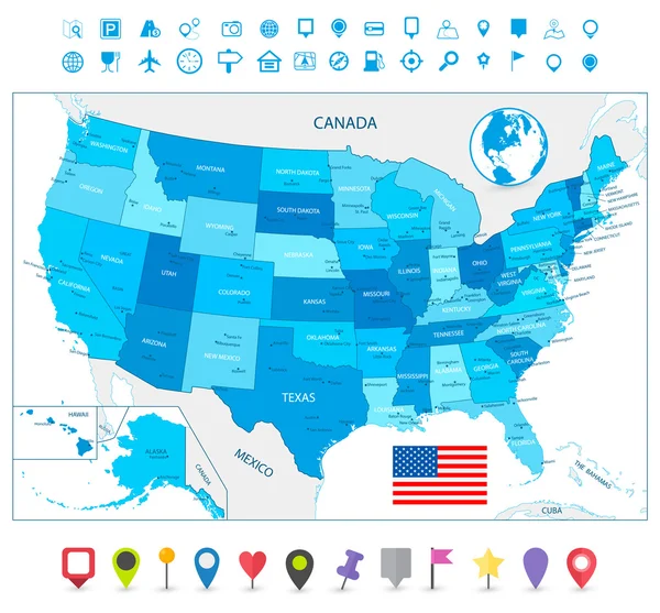 Mappa altamente dettagliata degli Stati Uniti nei colori del blu con icone di navigazione — Vettoriale Stock